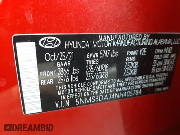 2022 Hyundai Santa Fe SEL with VIN 5NMS3DAJ4NH405784, listed as a Copart auction lot 70556772 with 11,638 mi miles and . Bid and sale history available at DreamBid. Image 13.