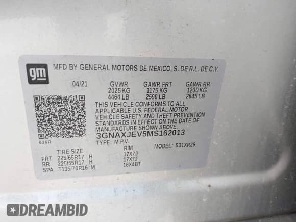 2021 Chevrolet Equinox LT with VIN 3GNAXJEV5MS162013, listed as a IAAI auction lot 42906516 with 147,978 mi miles and . Bid and sale history available at DreamBid. Image 9.