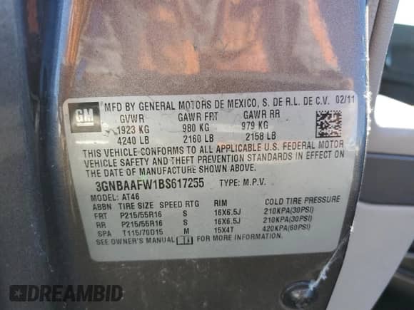 2011 Chevrolet HHR LS с VIN 3GNBAAFW1BS617255, выставлен на аукционе Copart как лот 90405155 с пробегом 124 816 миль миль и Списание • Salvage title. История ставок и продаж доступна на DreamBid. Изображение 13.