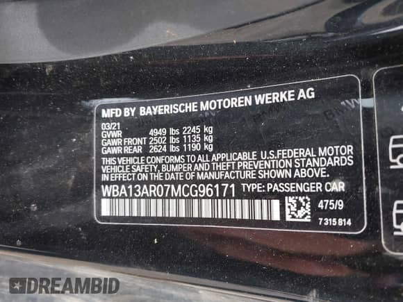 2021 BMW 4 Series M440i xDrive с VIN WBA13AR07MCG96171, выставлен на аукционе IAAI как лот 42357136 с пробегом 19 954 миль миль и . История ставок и продаж доступна на DreamBid. Изображение 9.