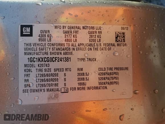 2012 Chevrolet Silverado 2500HD LT with VIN 1GC1KXCG0CF241381, listed as a Copart auction lot 90049285 with Not provided miles and Salvage title. Bid and sale history available at DreamBid. Image 13.