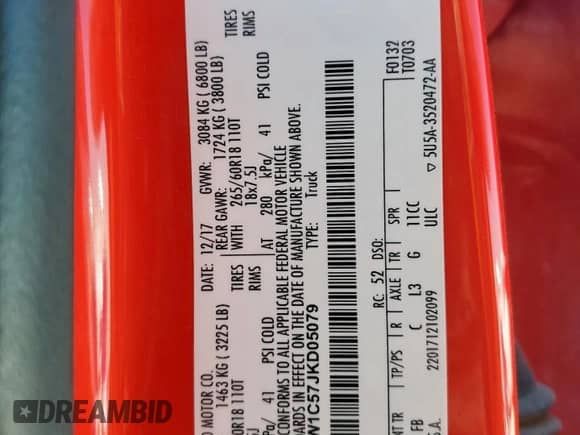 2018 Ford F-150 XL z VIN 1FTEW1C57JKD05079, wystawiony jako Copart lot #70190725 z przebiegiem 184 379 mil mil oraz Szkoda całkowita • Salvage title. Historia ofert i sprzedaży dostępna na DreamBid. Obrazek 12.