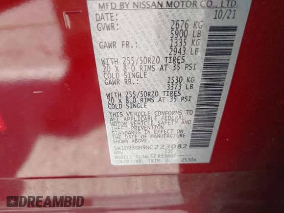 2022 Nissan Pathfinder Platinum с VIN 5N1DR3DH9NC223082, выставлен на аукционе IAAI как лот 42698899 с пробегом 56 659 миль миль и . История ставок и продаж доступна на DreamBid. Изображение 9.