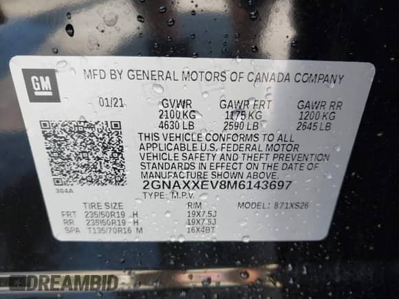 2021 Chevrolet Equinox Premier with VIN 2GNAXXEV8M6143697, listed as a IAAI auction lot 42303696 with 41,897 mi miles and . Bid and sale history available at DreamBid. Image 9.