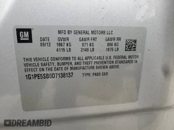 2013 Chevrolet Cruze 2LT с VIN 1G1PE5SB0D7138137, выставлен на аукционе Copart как лот 48594375 с пробегом 100 185 миль миль и Списание • Salvage title. История ставок и продаж доступна на DreamBid. Изображение 14.