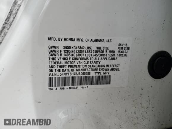 2018 Honda Pilot EX-L with VIN 5FNYF6H75JB060588, listed as a Copart auction lot 57268385 with 67,373 mi miles and Salvage title. Bid and sale history available at DreamBid. Image 13.