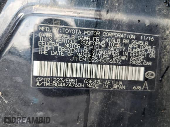 2017 Lexus IS 300 with VIN JTHCM1D22H5016832, listed as a Copart auction lot 70844345 with 197,457 mi miles and Salvage title. Bid and sale history available at DreamBid. Image 13.