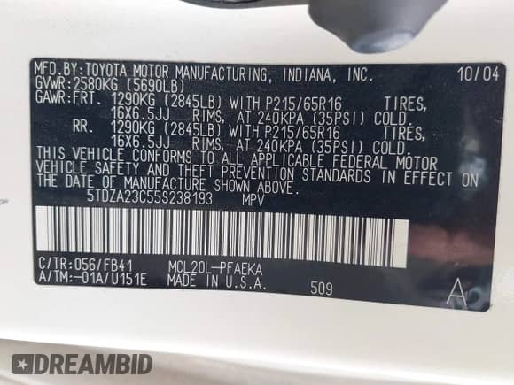 2005 Toyota Sienna CE с VIN 5TDZA23C55S238193, выставлен на аукционе IAAI как лот 42804041 с пробегом 239 042 миль миль и . История ставок и продаж доступна на DreamBid. Изображение 9.