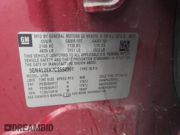 2012 Chevrolet Captiva Sport LS z VIN 3GNAL2EK7CS552391, wystawiony jako Copart lot #65652074 z przebiegiem 196 339 mil mil oraz Szkoda całkowita • Salvage title. Historia ofert i sprzedaży dostępna na DreamBid. Obrazek 13.