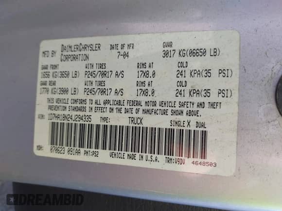 2004 Dodge 1500 SLT with VIN 1D7HA18N24J294335, listed as a IAAI auction lot 42124649 with 295,829 mi miles and . Bid and sale history available at DreamBid. Image 9.
