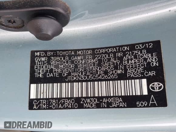 2012 Toyota Prius One с VIN JTDKN3DU5C5426265, выставлен на аукционе IAAI как лот 43049077 с пробегом 212 784 миль миль и . История ставок и продаж доступна на DreamBid. Изображение 9.