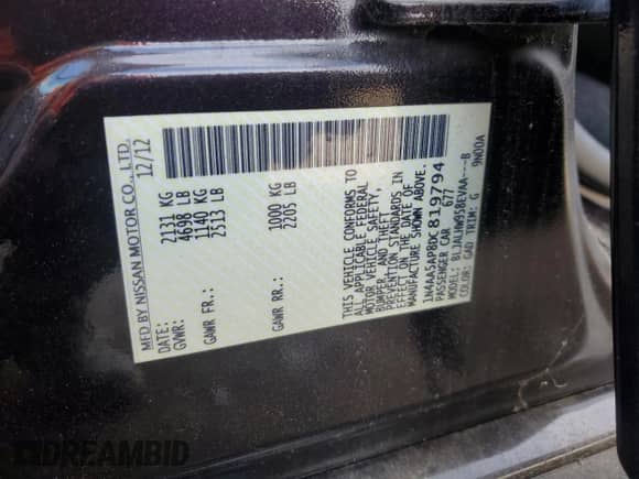 2013 Nissan Maxima SV with VIN 1N4AA5AP8DC819794, listed as a Copart auction lot 82141375 with 73,152 mi miles and Salvage title. Bid and sale history available at DreamBid. Image 12.