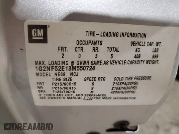 2003 Pontiac Grand Am SE1 with VIN 1G2NF52E13M550724, listed as a Copart auction lot 56990665 with 214,603 mi miles and Salvage title. Bid and sale history available at DreamBid. Image 12.