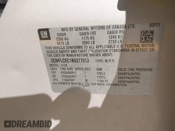 2011 Chevrolet Equinox LS with VIN 2CNFLCEC1B6377013, listed as a IAAI auction lot 43190556 with 98,770 mi miles and . Bid and sale history available at DreamBid. Image 9.