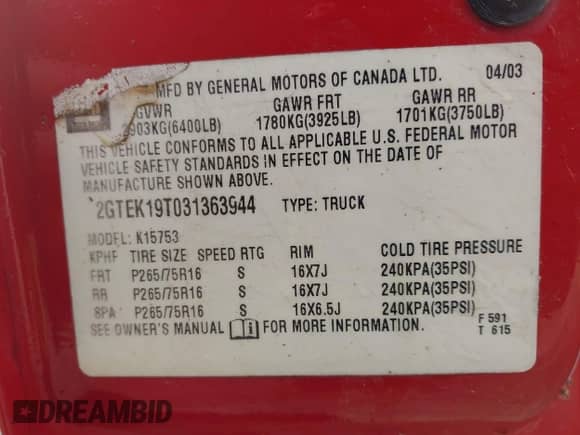 2003 GMC Sierra 1500 SLE с VIN 2GTEK19T031363944, выставлен на аукционе IAAI как лот 42006770 с пробегом 197 246 миль миль и . История ставок и продаж доступна на DreamBid. Изображение 9.