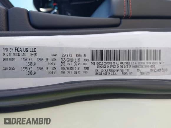 2016 Jeep Grand Cherokee Laredo with VIN 1C4RJFAG6GC434709, listed as a IAAI auction lot 42921483 with 99,095 mi miles and . Bid and sale history available at DreamBid. Image 9.