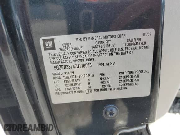 2007 Saturn Outlook XR with VIN 5GZER33747J116083, listed as a Copart auction lot 57983325 with 214,792 mi miles and Clean title. Bid and sale history available at DreamBid. Image 13.