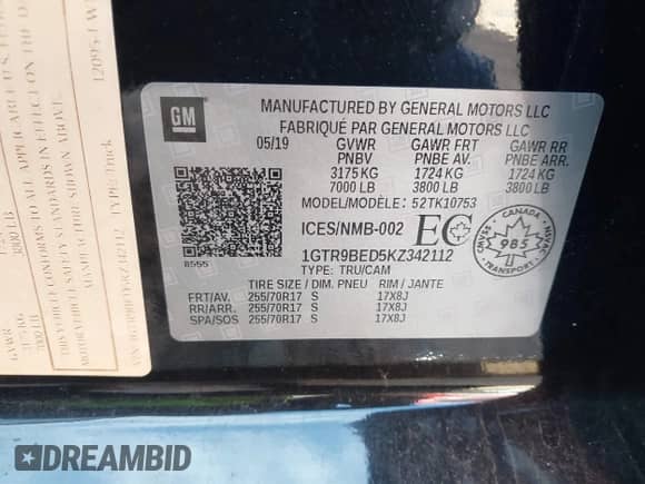 2019 GMC Sierra 1500 SLE with VIN 1GTR9BED5KZ342112, listed as a IAAI auction lot 43531746 with 118,719 mi miles and . Bid and sale history available at DreamBid. Image 9.