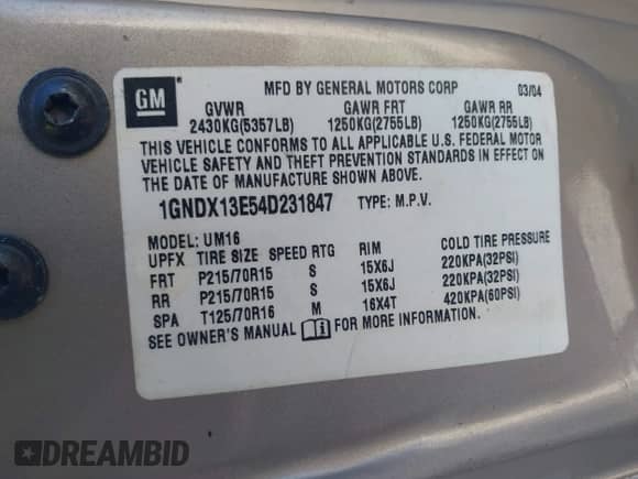 2004 Chevrolet Venture LT с VIN 1GNDX13E54D231847, выставлен на аукционе IAAI как лот 43514153 с пробегом 209 288 миль миль и . История ставок и продаж доступна на DreamBid. Изображение 9.