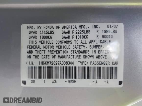 2007 Honda Accord EX-L with VIN 1HGCM72627A008344, listed as a IAAI auction lot 42640717 with 242,454 mi miles and . Bid and sale history available at DreamBid. Image 9.