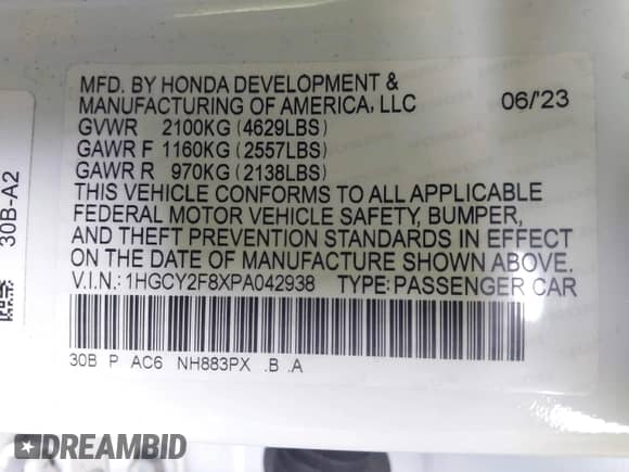 2023 Honda Accord Touring с VIN 1HGCY2F8XPA042938, выставлен на аукционе IAAI как лот 42246232 с пробегом 32 500 миль миль и . История ставок и продаж доступна на DreamBid. Изображение 9.