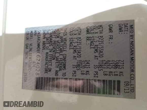 2014 Nissan Pathfinder SL with VIN 5N1AR2MM0EC624028, listed as a IAAI auction lot 41998114 with 176,208 mi miles and . Bid and sale history available at DreamBid. Image 9.