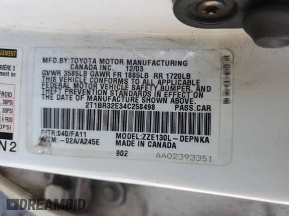 2004 Toyota Corolla CE с VIN 2T1BR32E34C258498, выставлен на аукционе Copart как лот 79432754 с пробегом 78 181 миль миль и Списание • Salvage title. История ставок и продаж доступна на DreamBid. Изображение 12.