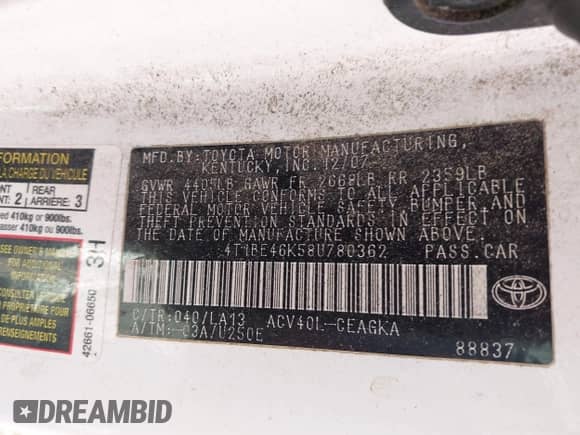 2008 Toyota Camry LE z VIN 4T1BE46K58U780362, wystawiony jako IAAI lot #42575121 z przebiegiem 264 181 mil mil oraz . Historia ofert i sprzedaży dostępna na DreamBid. Obrazek 8.