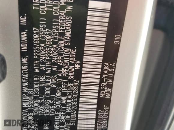 2005 Toyota Sienna XLE z VIN 5TDBA22C85S028982, wystawiony jako Copart lot #80189545 z przebiegiem 227 861 mil mil oraz Szkoda całkowita • Salvage title. Historia ofert i sprzedaży dostępna na DreamBid. Obrazek 13.