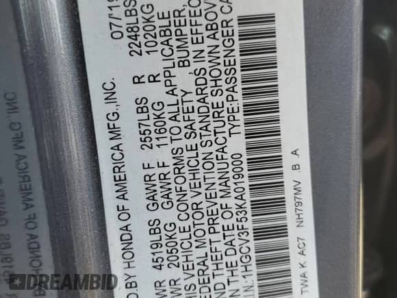 2019 Honda Accord EX-L with VIN 1HGCV3F53KA019000, listed as a Copart auction lot 63475895 with 70,241 mi miles and Salvage title. Bid and sale history available at DreamBid. Image 12.