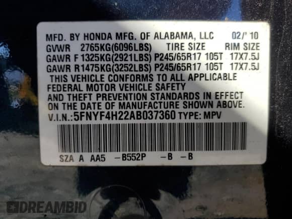 2010 Honda Pilot LX with VIN 5FNYF4H22AB037360, listed as a Copart auction lot 86506475 with 190,327 mi miles and Salvage title. Bid and sale history available at DreamBid. Image 14.