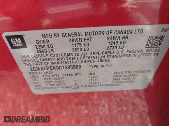 2012 Chevrolet Equinox 2LT z VIN 2GNALPEK0C1295583, wystawiony jako IAAI lot #43284635 z przebiegiem 122 156 mil mil oraz . Historia ofert i sprzedaży dostępna na DreamBid. Obrazek 9.