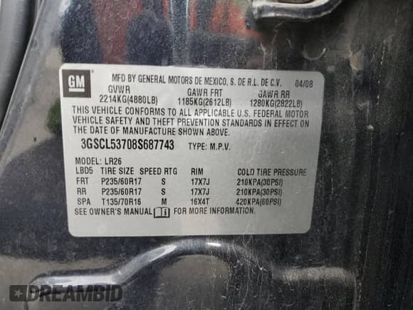 2008 Saturn VUE XR with VIN 3GSCL53708S687743, listed as a Copart auction lot 78351174 with 167,131 mi miles and Salvage title. Bid and sale history available at DreamBid. Image 15.