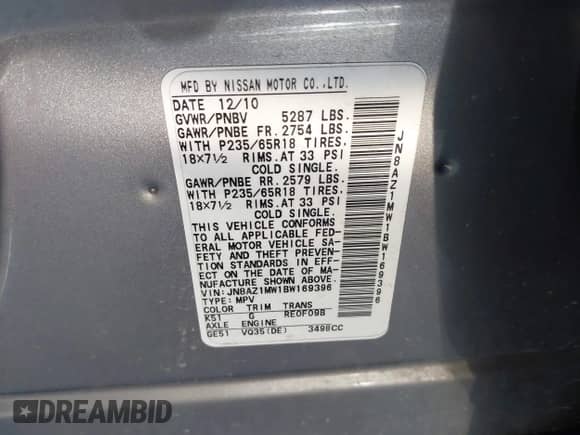 2011 Nissan Murano SL with VIN JN8AZ1MW1BW169396, listed as a IAAI auction lot 43149423 with 185,900 mi miles and . Bid and sale history available at DreamBid. Image 9.