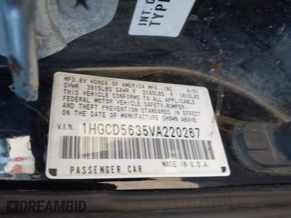 1997 Honda Accord LX with VIN 1HGCD5635VA220267, listed as a IAAI auction lot 43246438 with 260,776 mi miles and . Bid and sale history available at DreamBid. Image 9.