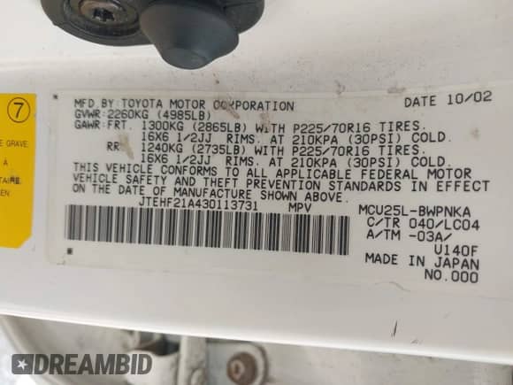 2003 Toyota Highlander с VIN JTEHF21A430113731, выставлен на аукционе IAAI как лот 43141431 с пробегом 140 241 миль миль и . История ставок и продаж доступна на DreamBid. Изображение 9.