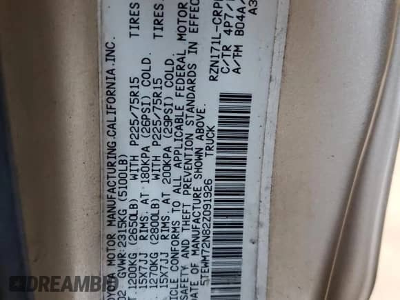 2002 Toyota Tacoma z VIN 5TEWM72N82Z091926, wystawiony jako Copart lot #86238225 z przebiegiem 229 921 mil mil oraz Czysty tytuł • Clean title. Historia ofert i sprzedaży dostępna na DreamBid. Obrazek 12.