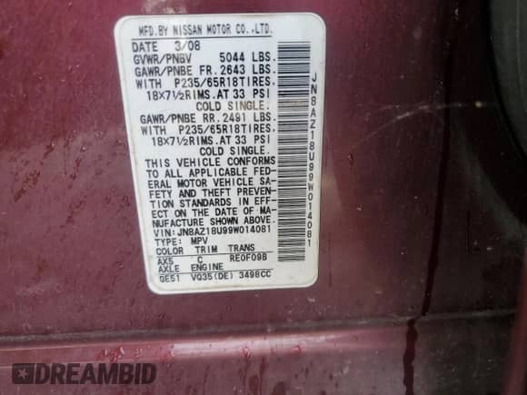 2009 Nissan Murano SL z VIN JN8AZ18U99W014081, wystawiony jako Copart lot #81264935 z przebiegiem 190 520 mil mil oraz Szkoda całkowita • Salvage title. Historia ofert i sprzedaży dostępna na DreamBid. Obrazek 12.