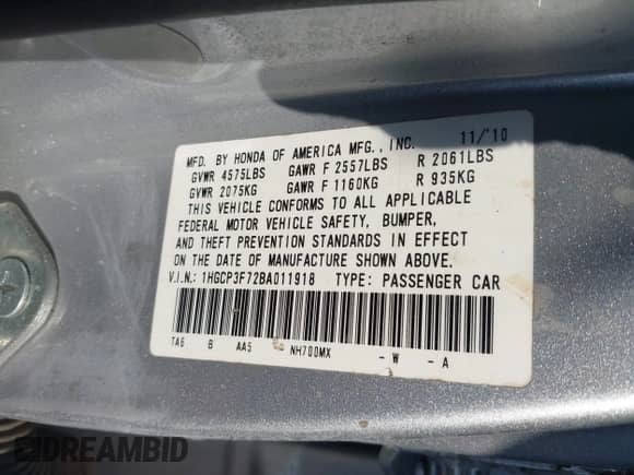 2011 Honda Accord EX z VIN 1HGCP3F72BA011918, wystawiony jako IAAI lot #43255308 z przebiegiem 150 928 mil mil oraz . Historia ofert i sprzedaży dostępna na DreamBid. Obrazek 9.