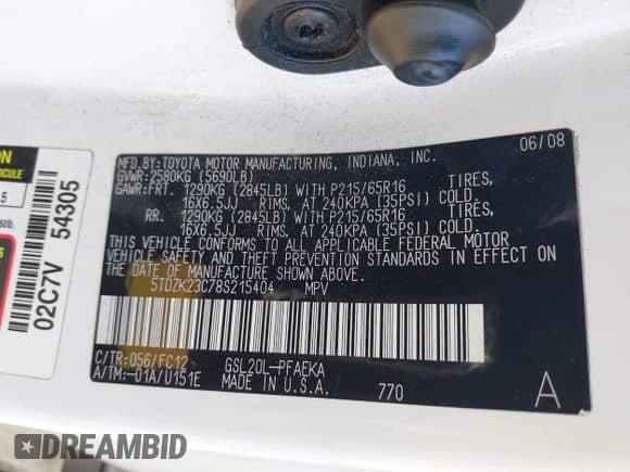 2008 Toyota Sienna LE z VIN 5TDZK23C78S215404, wystawiony jako IAAI lot #43399239 z przebiegiem 197 236 mil mil oraz . Historia ofert i sprzedaży dostępna na DreamBid. Obrazek 9.