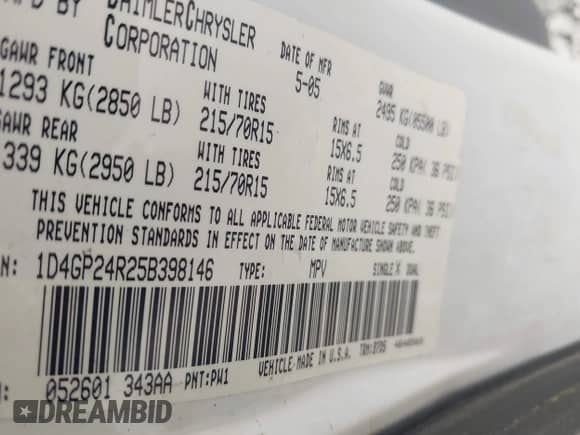 2005 Dodge Caravan SE with VIN 1D4GP24R25B398146, listed as a IAAI auction lot 43228685 with 154,942 mi miles and . Bid and sale history available at DreamBid. Image 9.