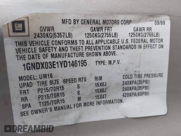 2000 Chevrolet Venture LT 1SD с VIN 1GNDX03E1YD146195, выставлен на аукционе IAAI как лот 43508485 с пробегом 433 765 миль миль и . История ставок и продаж доступна на DreamBid. Изображение 9.