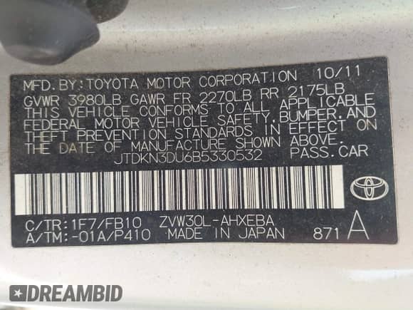 2011 Toyota Prius I z VIN JTDKN3DU6B5330532, wystawiony jako IAAI lot #43369702 z przebiegiem 169 764 mil mil oraz . Historia ofert i sprzedaży dostępna na DreamBid. Obrazek 9.