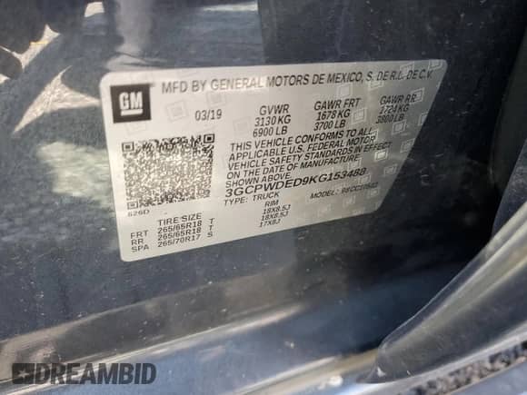 2019 Chevrolet Silverado 1500 RST с VIN 3GCPWDED9KG153488, выставлен на аукционе Copart как лот 53807215 с пробегом 62 954 миль миль и Списание • Salvage title. История ставок и продаж доступна на DreamBid. Изображение 12.