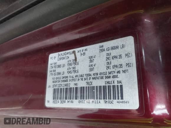 2000 Dodge 1500 with VIN 1B7HF13Z3YJ140812, listed as a IAAI auction lot 42469628 with 174,428 mi miles and . Bid and sale history available at DreamBid. Image 9.