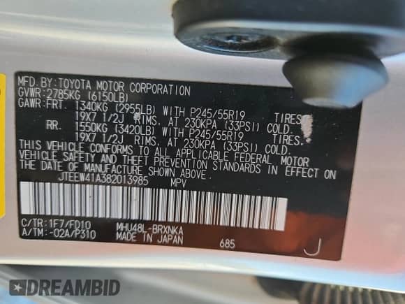 2008 Toyota Highlander with VIN JTEEW41A382013985, listed as a Copart auction lot 85932515 with 205,614 mi miles and Salvage title. Bid and sale history available at DreamBid. Image 12.