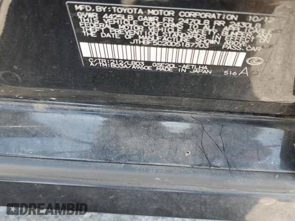 2013 Lexus IS 250 z VIN JTHBF5C20D5187703, wystawiony jako Copart lot #66905425 z przebiegiem 123 665 mil mil oraz Szkoda całkowita • Salvage title. Historia ofert i sprzedaży dostępna na DreamBid. Obrazek 12.