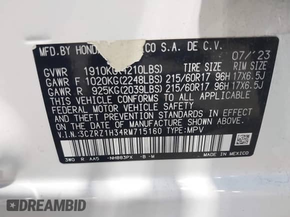 2024 Honda HR-V LX z VIN 3CZRZ1H34RM715160, wystawiony jako IAAI lot #42600264 z przebiegiem 45 874 mil mil oraz . Historia ofert i sprzedaży dostępna na DreamBid. Obrazek 9.