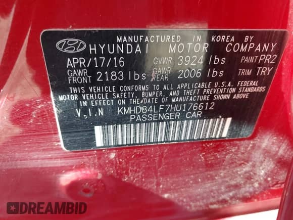 2017 Hyundai Elantra Value Edition with VIN KMHD84LF7HU176612, listed as a IAAI auction lot 42078360 with 106,102 mi miles and . Bid and sale history available at DreamBid. Image 9.