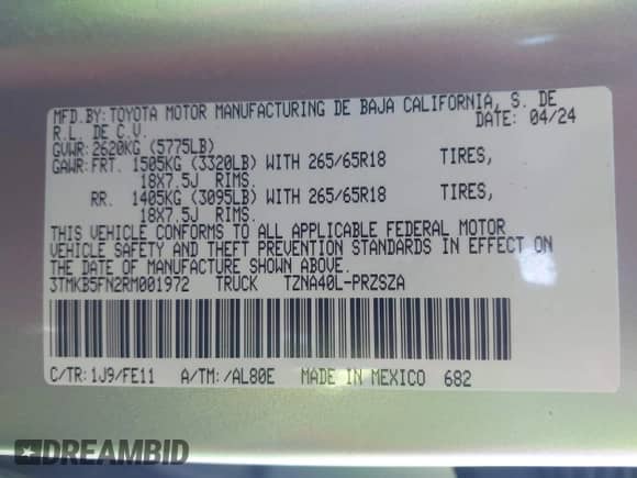2024 Toyota Tacoma SR5 with VIN 3TMKB5FN2RM001972, listed as a IAAI auction lot 43362889 with 21,644 mi miles and . Bid and sale history available at DreamBid. Image 9.